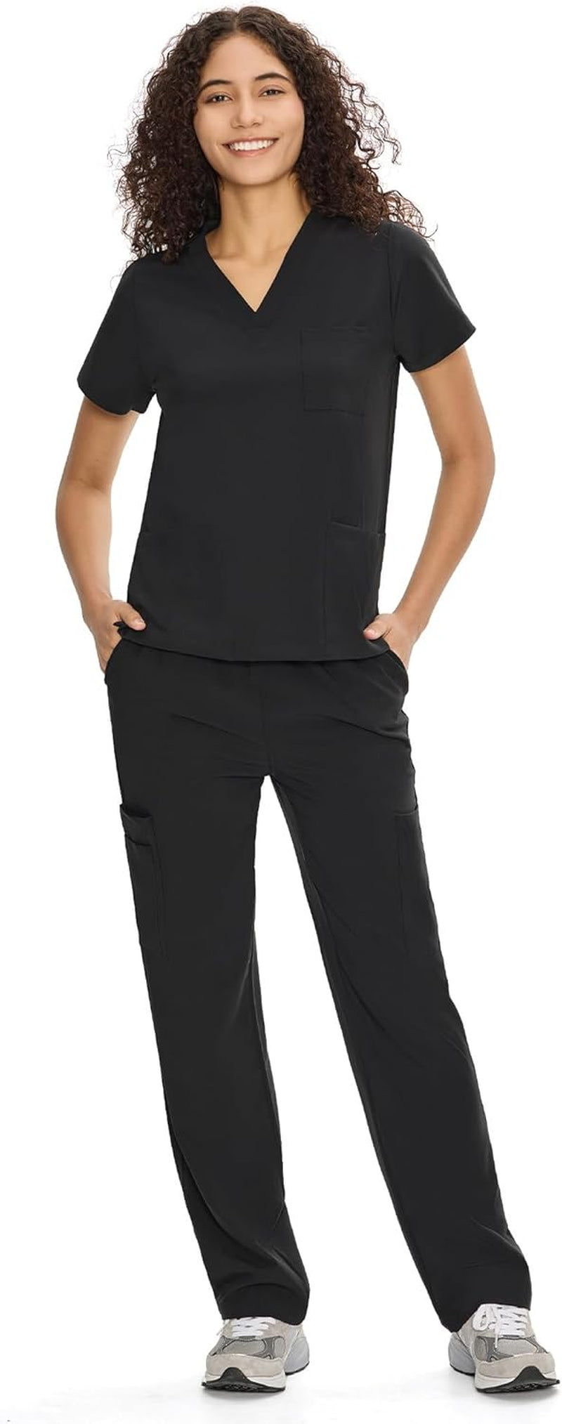 Set Uniforme Médico | Camiseta con Cuello en V y Pantalones de Pierna Recta con Bolsillos | Ropa de Trabajo Unisex | Color: Negro